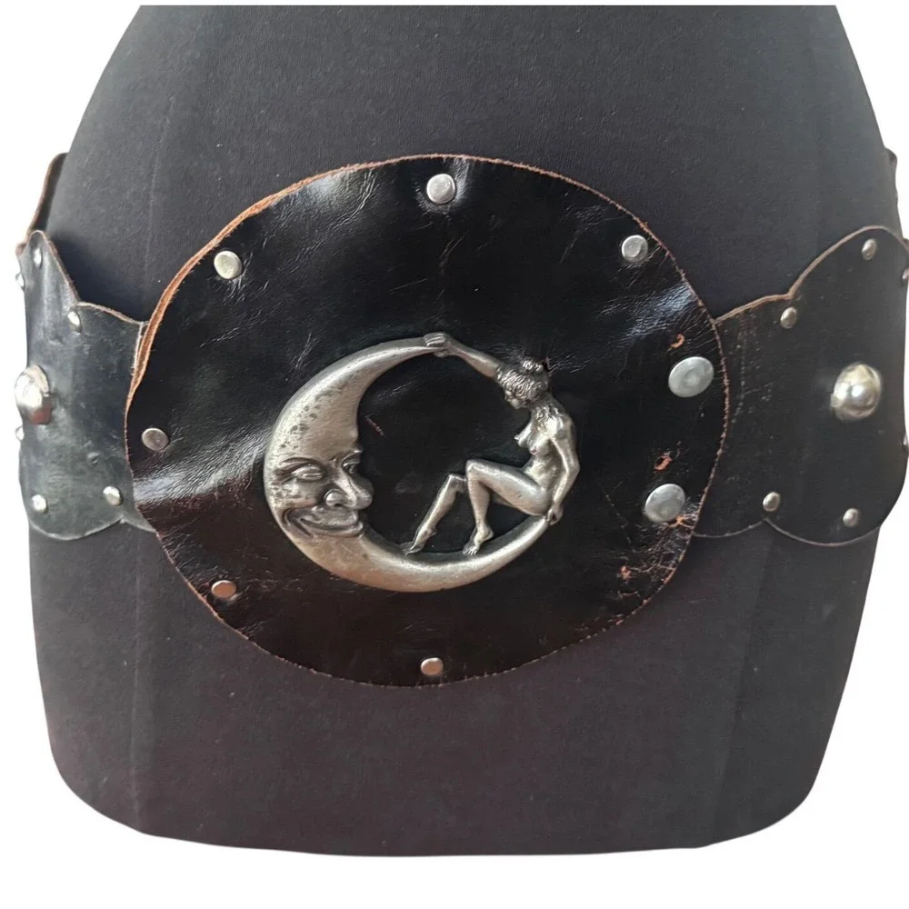 Vintage Handmade Black Leather‎ Celestial Moon Nude Lady Studded Wide Waist Belt
